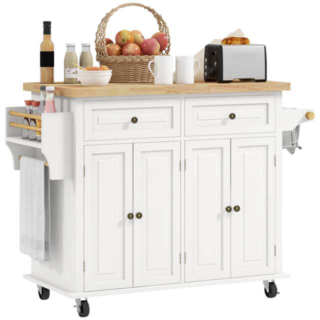 HOMCOM Kitchen Island on Wheels, Rolling Kitchen Storage Trolley with Rubber Wood Top, Drawers, Adjustable Shelves, Towel and Spice Rack for Dining Room, Cream White