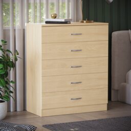 Vida Designs Riano 5 Drawer Chest of Drawers Bedroom Storage, Pine