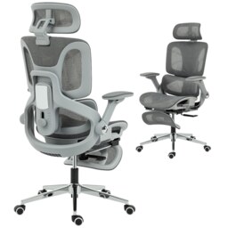 HOMCOM Ergonomic Office Chair, High Back Mesh Desk Chair with Reclining Separated Backrest, Lumbar Support, 4D Flip-up Armrests, Adjustable Headrest, Tilt Function, Footrest for Home Office, Grey Grey