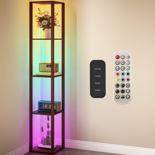 HOMCOM RGB LED Floor Lamp with Shelves and Remote Control for Bedroom, Brown Brown