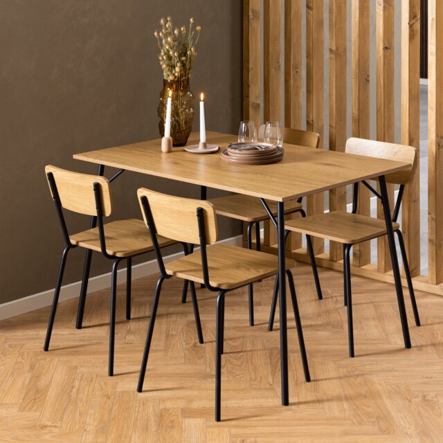 Peru Dining Table in Black and Oak Included 4 Peru Dining Chair in Steel and Oak