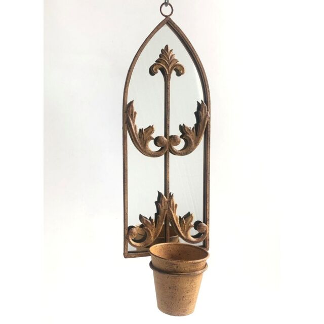 Wall Mirror with Single Planter - Metal - L15 x W20 x H60 cm - Rusty