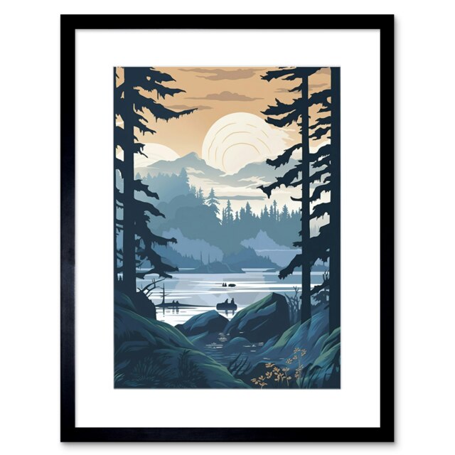"Rainforest Lake Sunrise Landscape Nature 9x7"" Black Framed Wall Art Print"