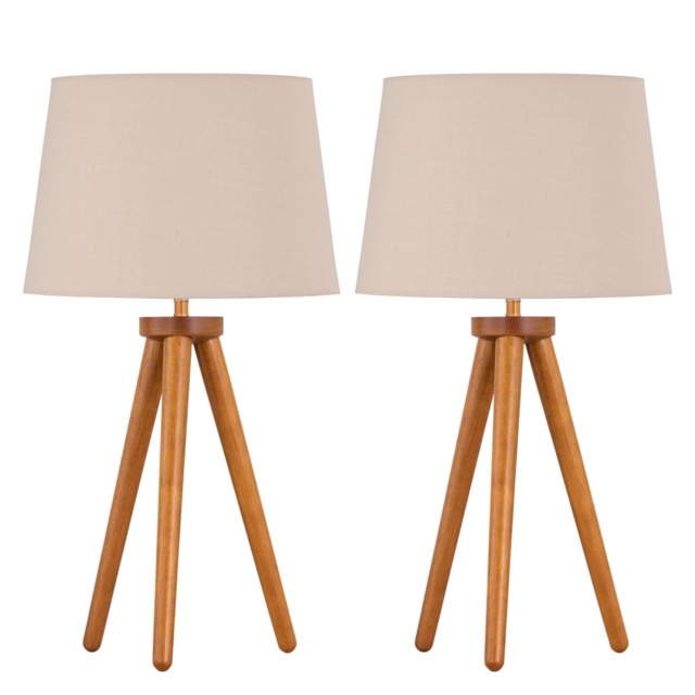 Set of 2 Dark Oak Table Lamp or Bedside Lights with Natural Shades Brown Brown Large 2
