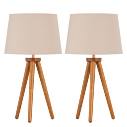 Set of 2 Dark Oak Table Lamp or Bedside Lights with Natural Shades Brown Brown Large 2