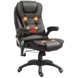 HOMCOM 6-Point Massage Office Chair with Seat Heated for Home Office, PU Leather High Back Executive Desk Chair with Adjustable Height and 360 Swivel for Work Study, Brown
