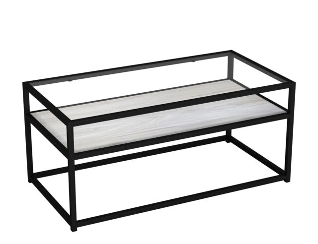 Glass Display Top Coffee Table with Steel Frame Reversible Wooden Storage Shelf Black White Ash