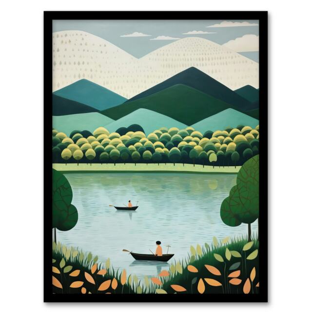 Boating Lake Scenic Boat Ride Tranquil Home Decor Black Framed Wall Art Print A4