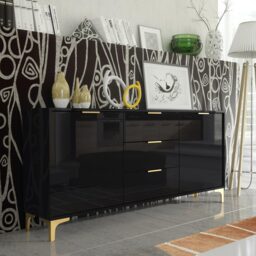 Sideboard Cabinet TV Unit Storage Cabinet Black High Gloss Gold Handles Legs 140cm