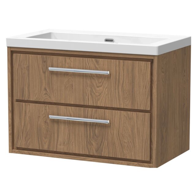 Balterley Longnor 2 Drawer Wall Hung Vanity Unit with 1 Tap Hole Modern Fireclay Basin, Antique Oak, 800mm