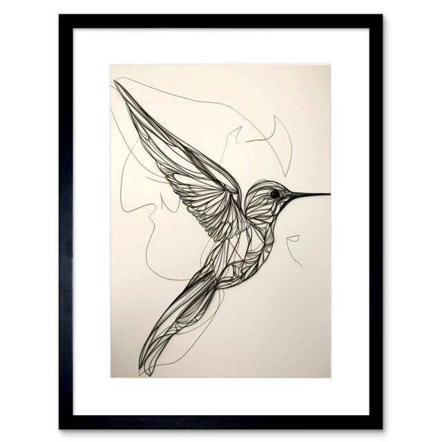 "Humming Bird in Flight Line Portrait 9x7"" Black Framed Wall Art Print"