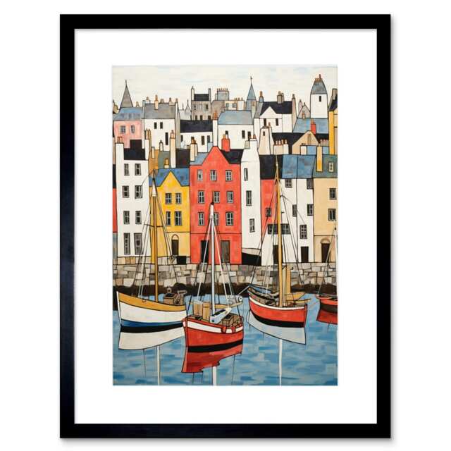 "Colourful Town Harbour Fishing Boats Coastal 9x7"" Black Framed Wall Art Print"