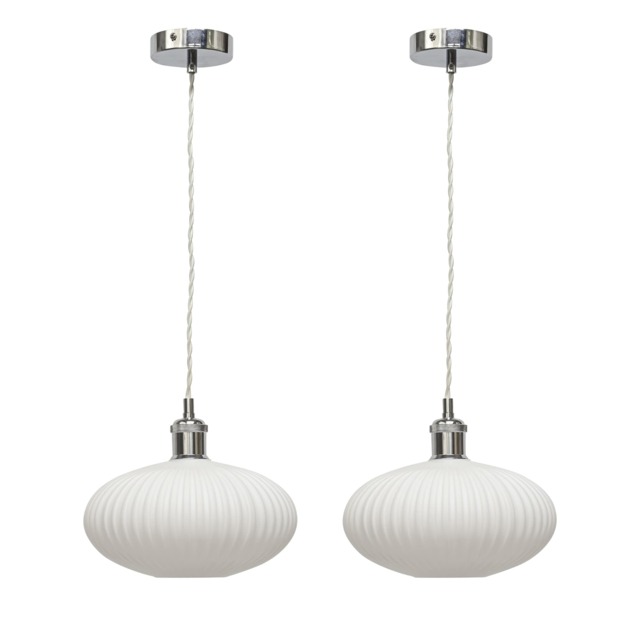 Set of 2 Baton - White Ribbed Oval Glass Chrome Retro Pendant Fittings