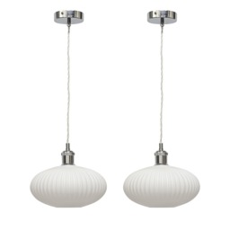 Set of 2 Baton - White Ribbed Oval Glass Chrome Retro Pendant Fittings