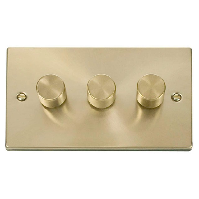 SE HOME Satin Brushed Brass 3 Gang 2 Way LED 100W Trailing Edge Dimmer Light Switch Gold Satin Brass