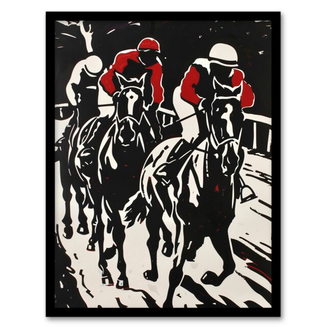 Jockeys Racing Scene Red Modernist Man Cave Black Framed Wall Art Print A4