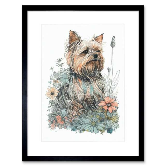 "Yorkshire Terrier Dog Wildflowers Bright Watercolour 9x7"" Black Framed Wall Art Print"