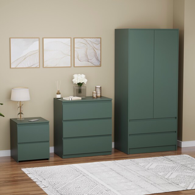 Vida Designs Denver 3 Piece Bedroom Set (2 Drawer Large Bedside Chest, 3 Drawer Chest, 2 Door 2 Drawer Wardrobe), Green Green Green L 3