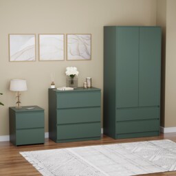 Vida Designs Denver 3 Piece Bedroom Set (2 Drawer Large Bedside Chest, 3 Drawer Chest, 2 Door 2 Drawer Wardrobe), Green Green Green L 3