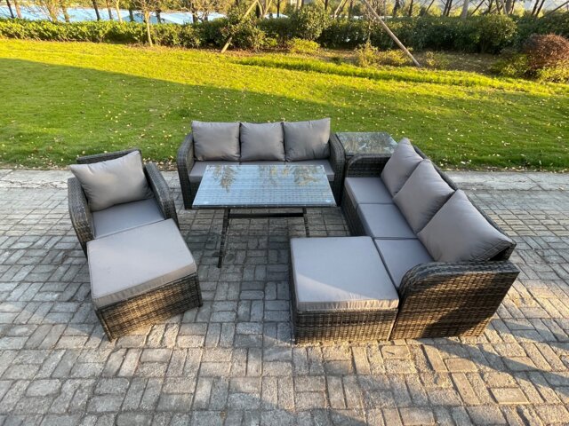 Fimous Wicker 7 Pieces Rattan Garden Furniture Sofa Set with Rectangular Dining Table Armchair 2 Big Footstool Side Table Dark Grey Mixed