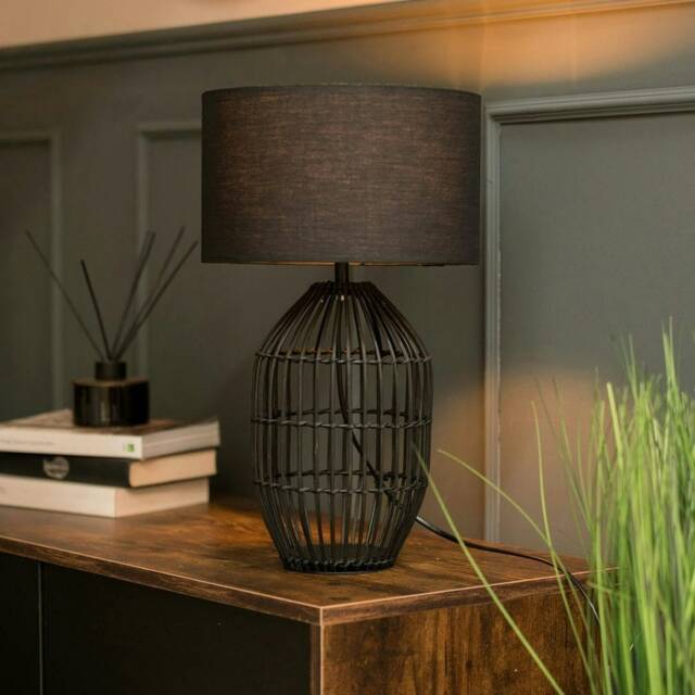 ValueLights Hollins Matte Black Rattan Table Lamp Black Shade and Bulb