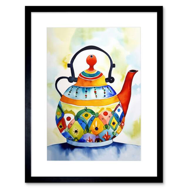"Enamelled Patterned Teapot Tea Kettle Folk Art Watercolour 9x7"" Black Framed Wall Art Print"