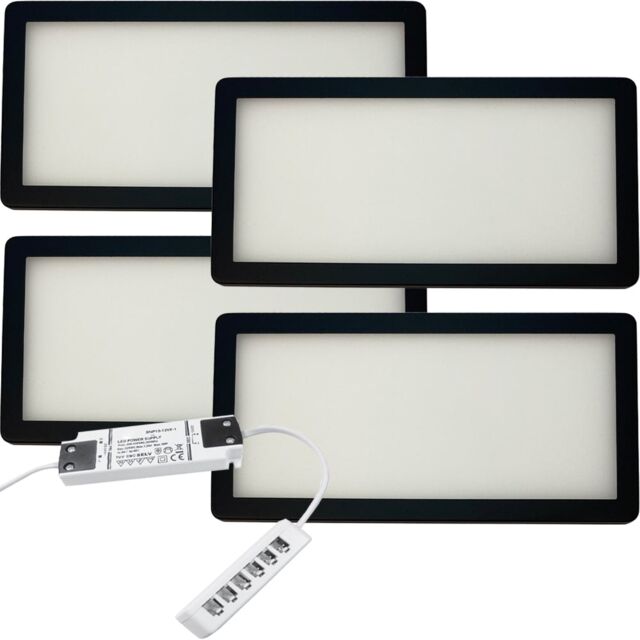 4x Matt Black Ultra-Slim LED Under Cabinet Lighting Kit with Driver - Warm White Glow