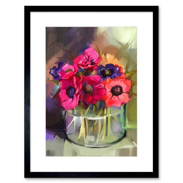 "Anemone Flower Bouquet In Vase Floral Still Life 9x7"" Black Framed Wall Art Print"