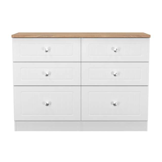 Cambridge 6 Drawer Wide Chest of Drawers in Porcelain Ash & Bardolino Oak (Ready Assembled) White Porcelain Ash & Bardolino Oak