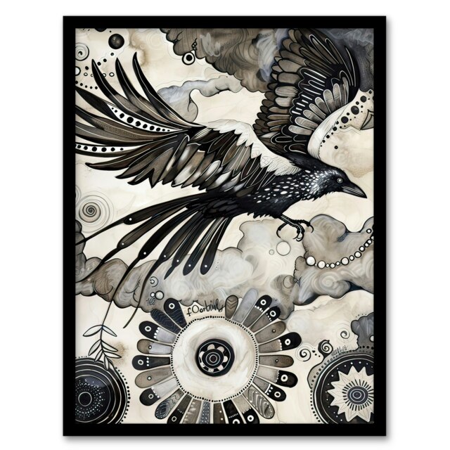 Flying Raven Magic Mandala Dark Living Room Black Framed Wall Art Print A4