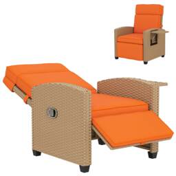 Outsunny Rattan Garden Recliner Sun Lounger w/ Flip Table, Khaki/Orange Orange Khaki and Orange One Size