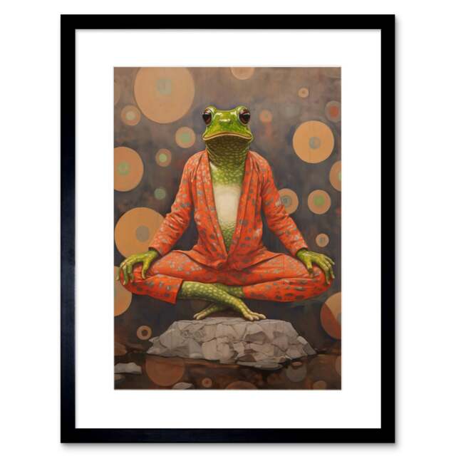 "Enlightened Frog Meditation Yoga Mindfulness 9x7"" Black Framed Wall Art Print"