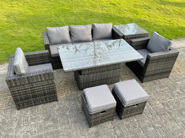 Fimous Rattan Garden Furniture Set Rising Adjustable Dining Table Lounge Sofa Set With Foostools Dark Grey Mixed Extra Side High Tall Coffee Tea Table