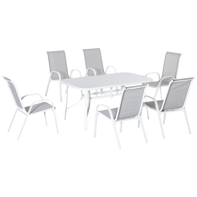 Outsunny 7 Piece Garden Dining Set with Dining Table and Chairs, 6 Seater Outdoor Furniture with Parasol Hole for Deck and Balcony, Grey