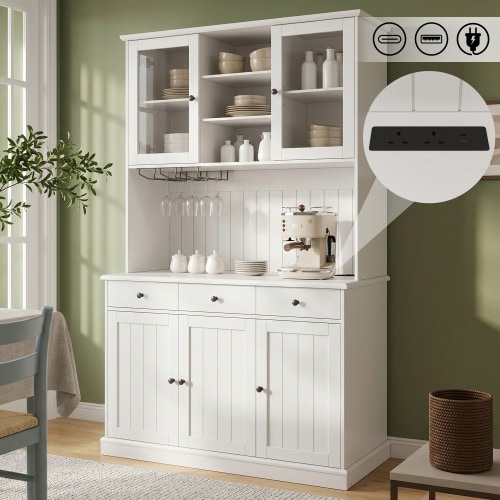 VILUXE 191cm Tall Kitchen Storage Cabinet with Power Socket, USB-A and USB-C Ports, Wine Glass Rack and Adjustable Shelves, White