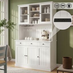 VILUXE 191cm Tall Kitchen Storage Cabinet with Power Socket, USB-A and USB-C Ports, Wine Glass Rack and Adjustable Shelves, White