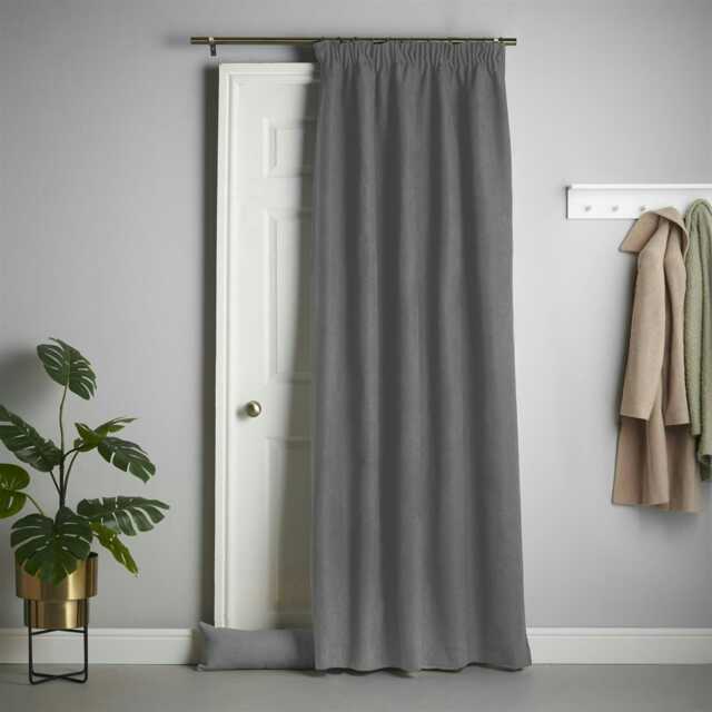 Velvet Chenille Thermal Fleece Lined Single Pencil Pleat Taped Top Door Curtain - 137cm x 213cm - Slate