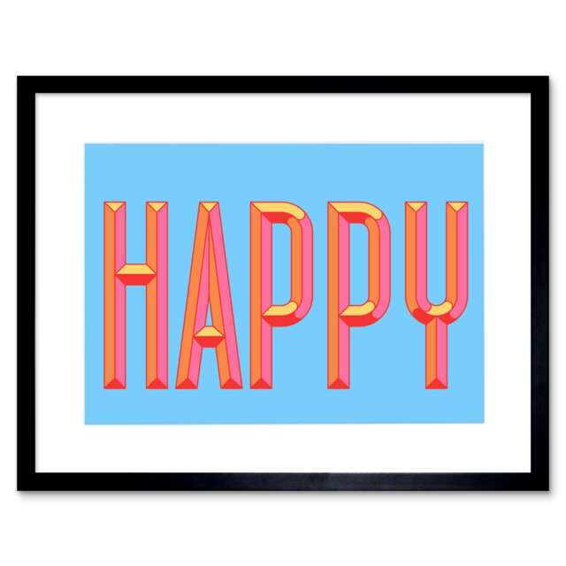 "Happy Word Bright Pink Blue Retro 9x7"" Black Framed Wall Art Print"
