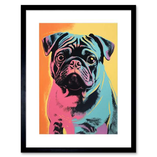 "Cute Pug Dog Vibrant Pet Portrait 9x7"" Black Framed Wall Art Print"