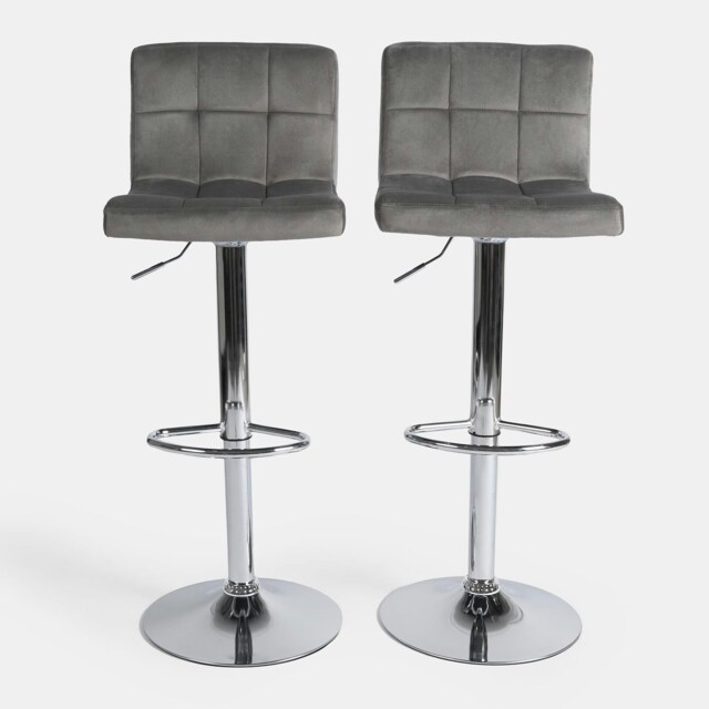 OHS 2 x Velvet Swivel Height Adjustable Counter Bar Stools - Grey