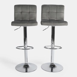 OHS 2 x Velvet Swivel Height Adjustable Counter Bar Stools - Grey