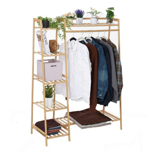 Neo Bamboo Rack Clothes with Storage Shelf Hanging Rail and Side Hooks Brown