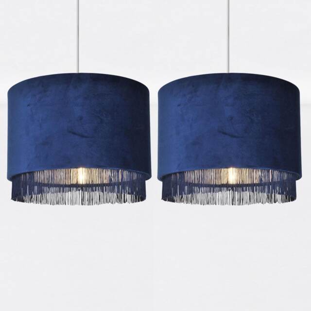 Set of 2 Navy Velvet With Chrome Inner Tassled Light Shades Blue Chrome Large 2