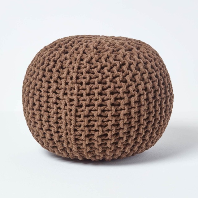 Homescapes Chocolate Brown Round Cotton Knitted Pouffe Footstool - 35 x 40 cm Brown H 35cm x W 40cm