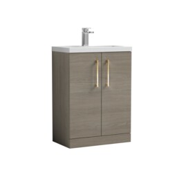 Balterley Level Compact Bathroom Cloakroom Vanity Basin Unit with Ceramic Basin, Handles, Mid Oak Brown Grey Vicenza Oak 840 x 620 x 360mm