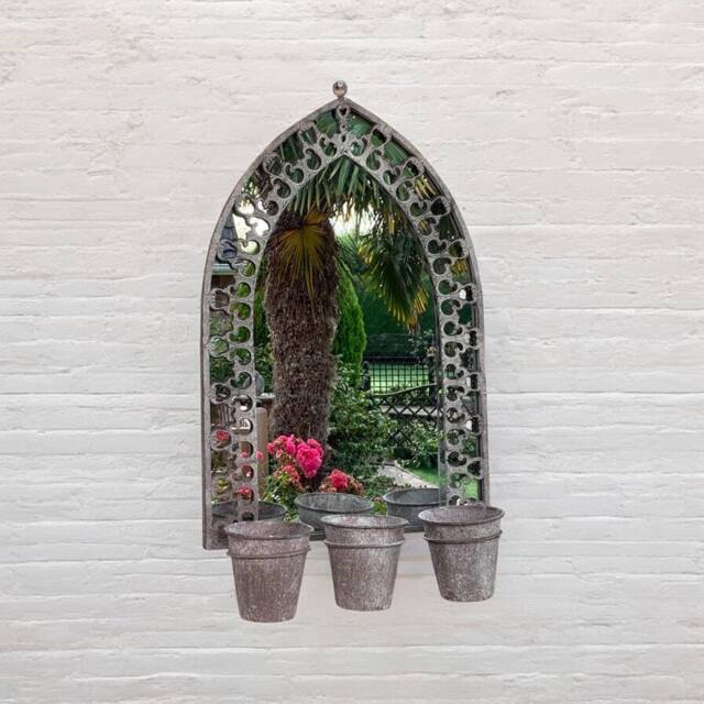 Rusty Wall Mirror with Triple Planter - Distressed Metal - L15 x W45 x H78 cm - Light Grey Grey