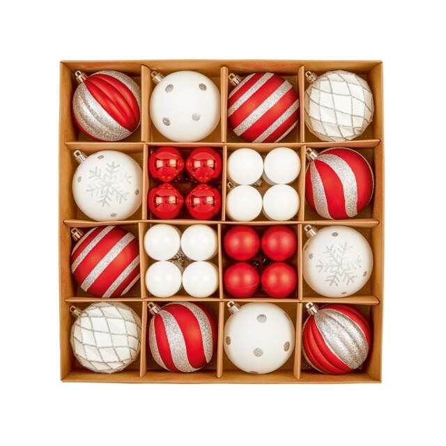 Premier - 44 Piece Multi Finish Red, White And Silver Baubles, Boxed Multi