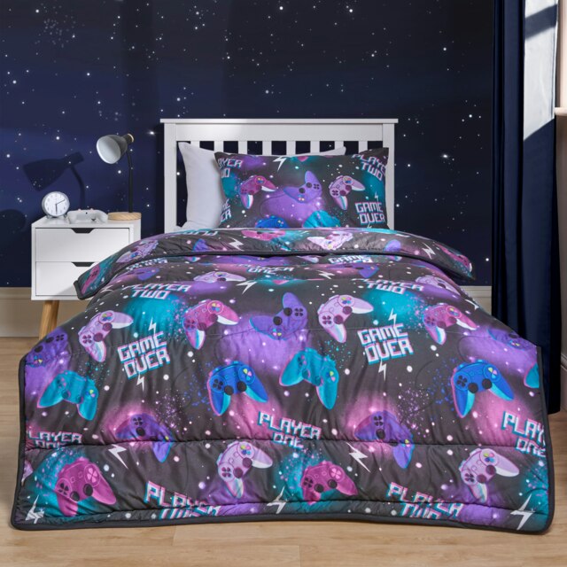 OHS Reversible Coverless 10.5 Tog Soft Plush All Year Round Duvet Cover and Pillowcase Bedding Set Purple Neon Purple Gaming Single