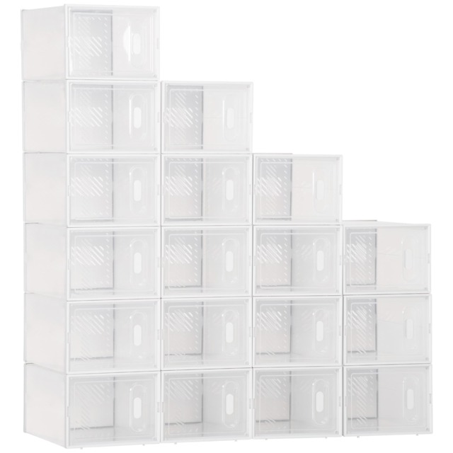 HOMCOM 18PCS Clear Shoe Box, Plastic Stackable Shoe Storage Box for UK EU Size up to 8.5 43 with Magnetic Door for Women Men, 25 x 35 x 19cm