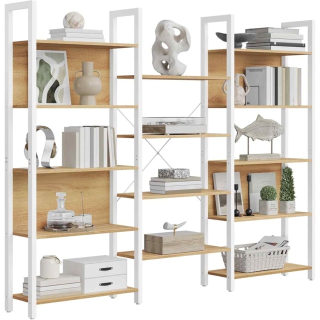Bookcase with 14 Shelves, Industrial Display Storage Unit, Metal Frame for Living Room and Home Office, Golden Oak and Matte White